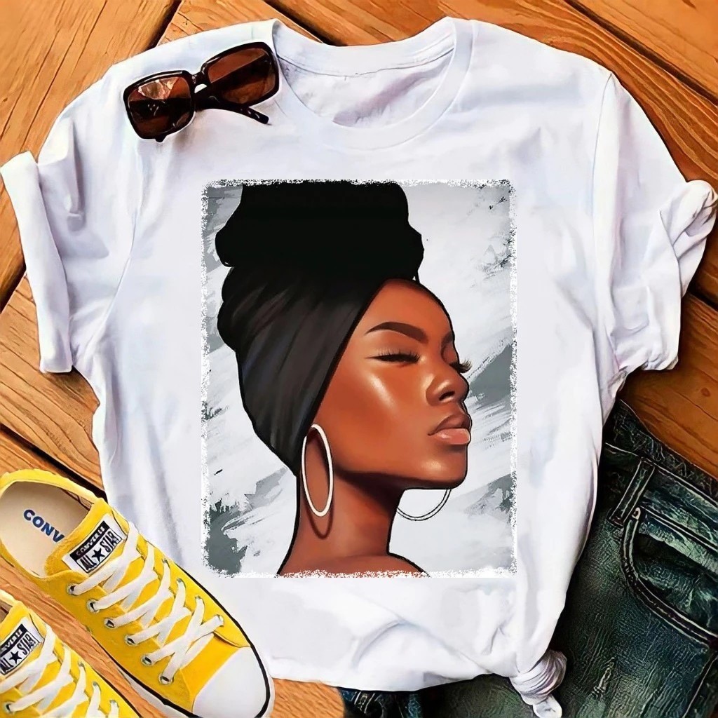 Camiseta Feminina Estilosa Estampada Retrato Afro Estampada Lançamento Camiseta 100% Algodão