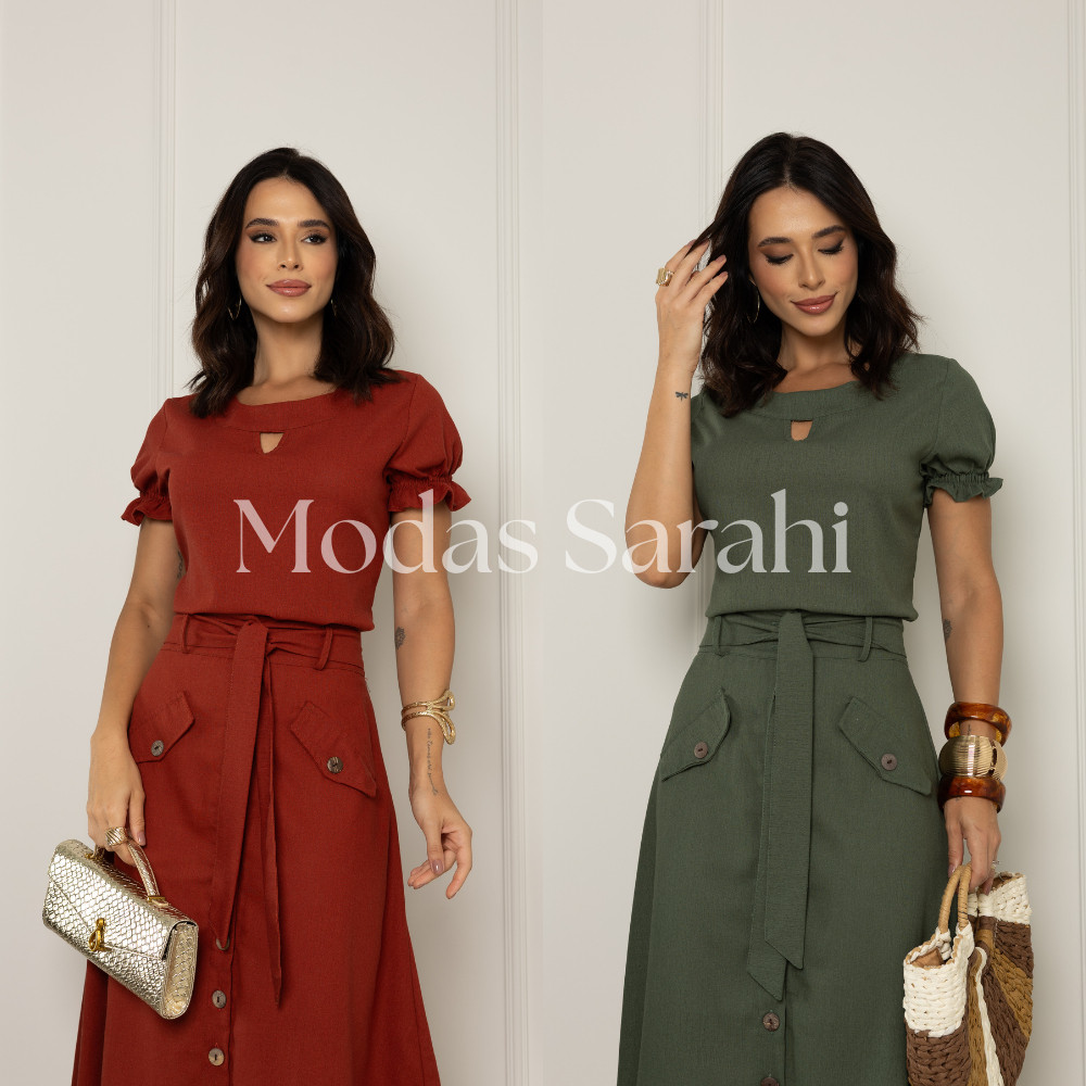 Conjunto Saia e Blusa Feminino Linho Premium Com Botões Madeirados Forrado E Cinto 014 em Oferta na Shopee