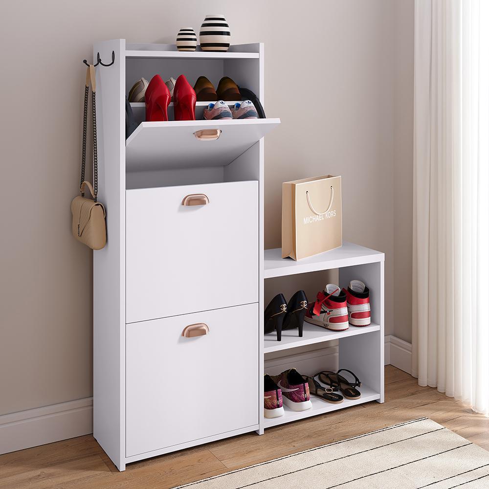 Sapateira 3 Portas Basculantes Banquinho Prateleira Organizadora 18 Pares de Sapato Quarto Hall Closet Dakota em Oferta na Shopee