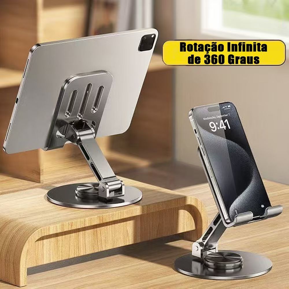 Suporte Alumínio de Mesa Base Rotatória Ajustável 360º Para Smartphones e Tablets