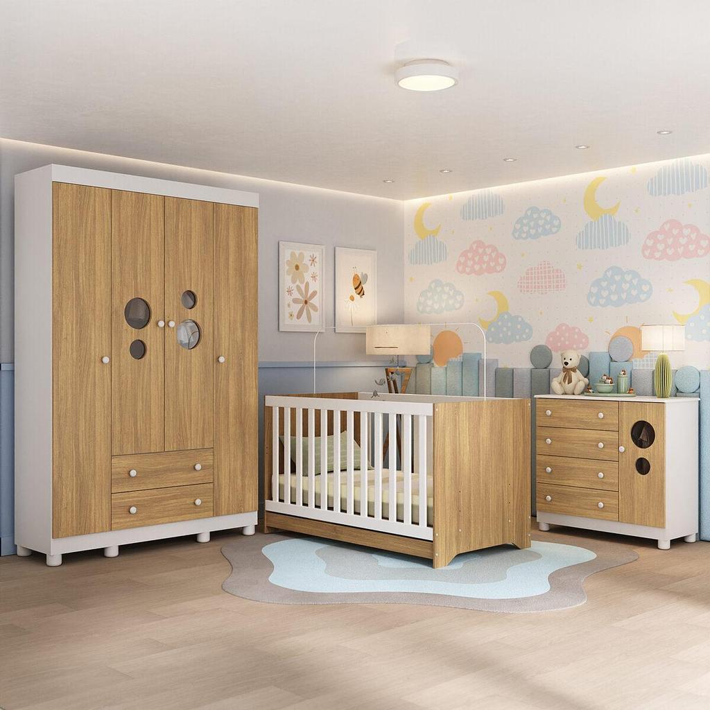 Quarto de Bebê Completo com Berço Americano 3 em 1 Bombom Multimóveis MP4614