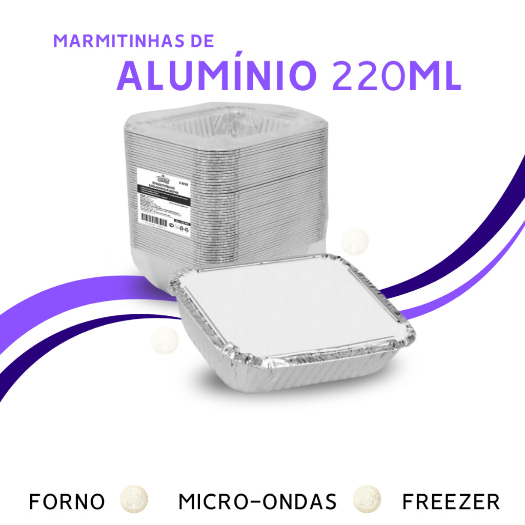 Imagem Marmita de Alumínio Com Tampa Retangular 220ml M90 Para Bolos Empadas Lembrancinhas 100 Unidades Descartável Micro Ondas