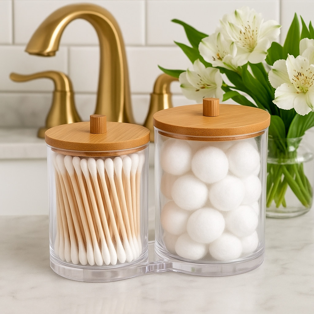 Porta Cotonetes Duplo Em Acrílico Ou Tampa Bambu Organizador de Algodão Super Resistent