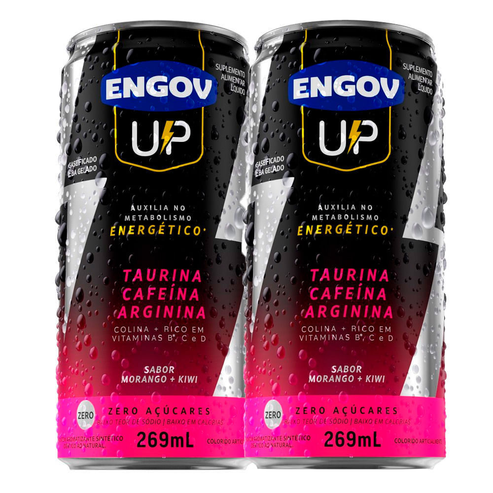 Kit 2 Energético Engov UP Taurina Cafeína e Arginina Sabor Morango e Kiwi Zero Açúcares 269ml