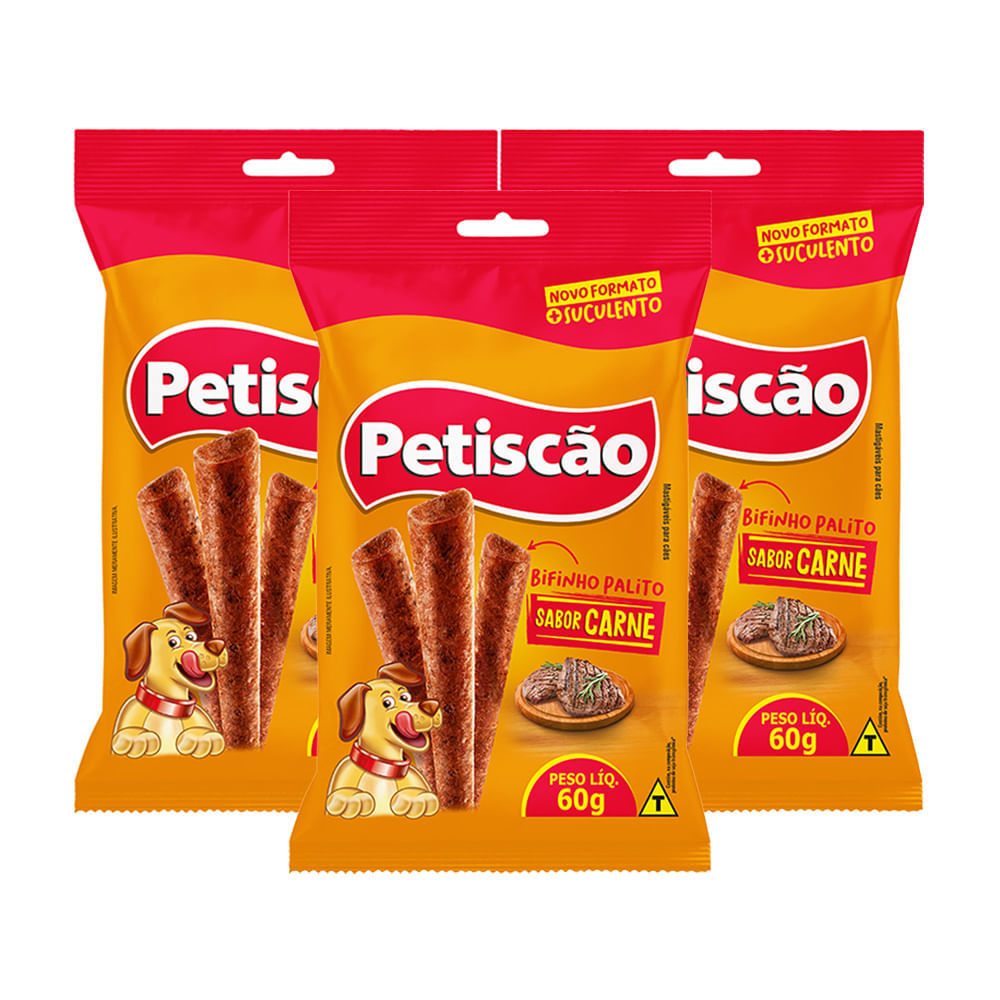 Kit 3 Bifinho Mastigável Petiscão Palito Sabor Carne 60g em Oferta na Shopee