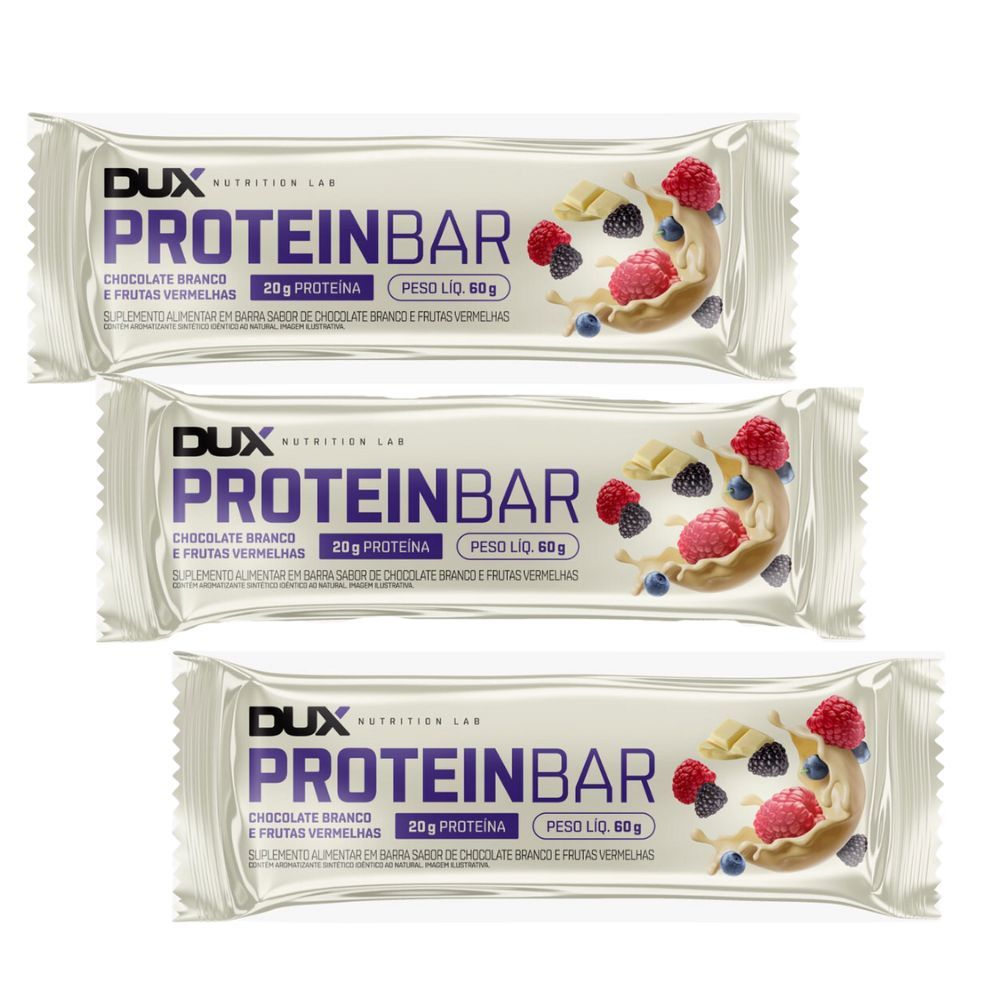Kit 3 Barra de Proteína Dux Proteinbar Chocolate Branco e Frutas Vermelhas 20g de Proteína com 60g