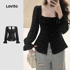 Lovito Casual Blusa de Renda com Amarração Outono/inverno Preta para mulheres Bordado L159AD021