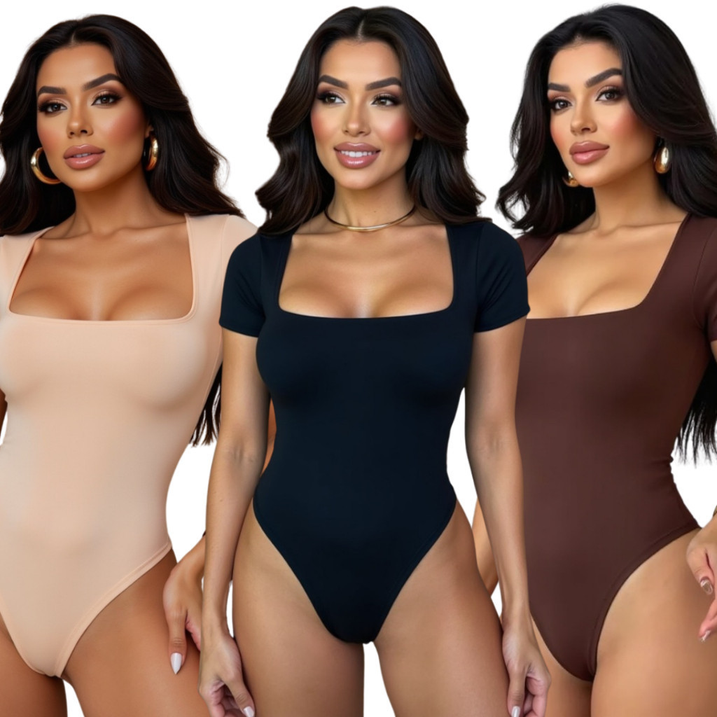 Kit 3 Body Feminino Manga Curta Decote Quadrado Suplex Manguinha Decotado Forro Duplo Tecido