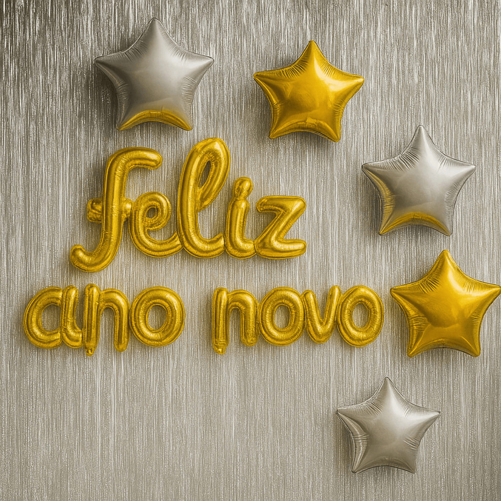 Kit Decoração Feliz Ano Novo c/ 2 cortinas metalizadas 1x2m + 5 Balões estrela 45 cm, fest...