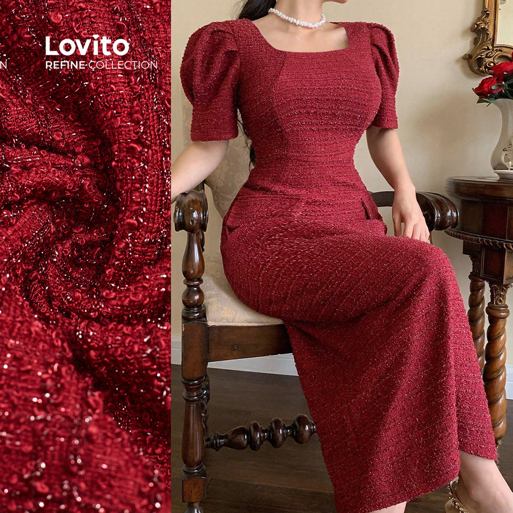 (Lovito Refine) Vestido Elegante Estilo Chinês Cheongsam Qipao Jacquard Vermelho Primavera/verão Para Mulheres LR23E094 em Oferta na Shopee