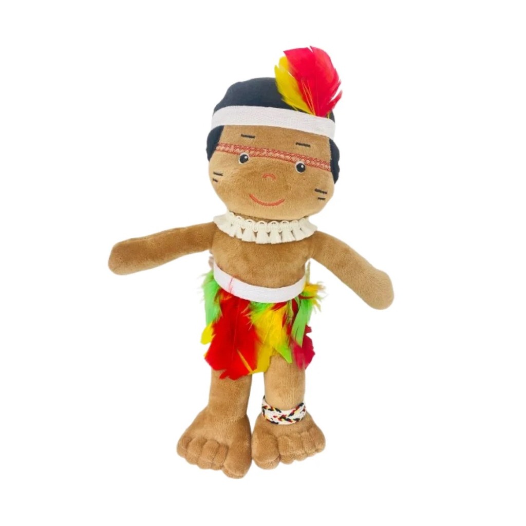 Boneco De Pelúcia Indio Monan Brinquedo Infantil Com Cocar Multicolorido