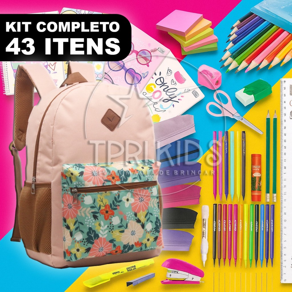 Kit Material Escolar Completo com Mochila Menina Jasmin Ensino Fundamental Estojo Caderno Faculdade