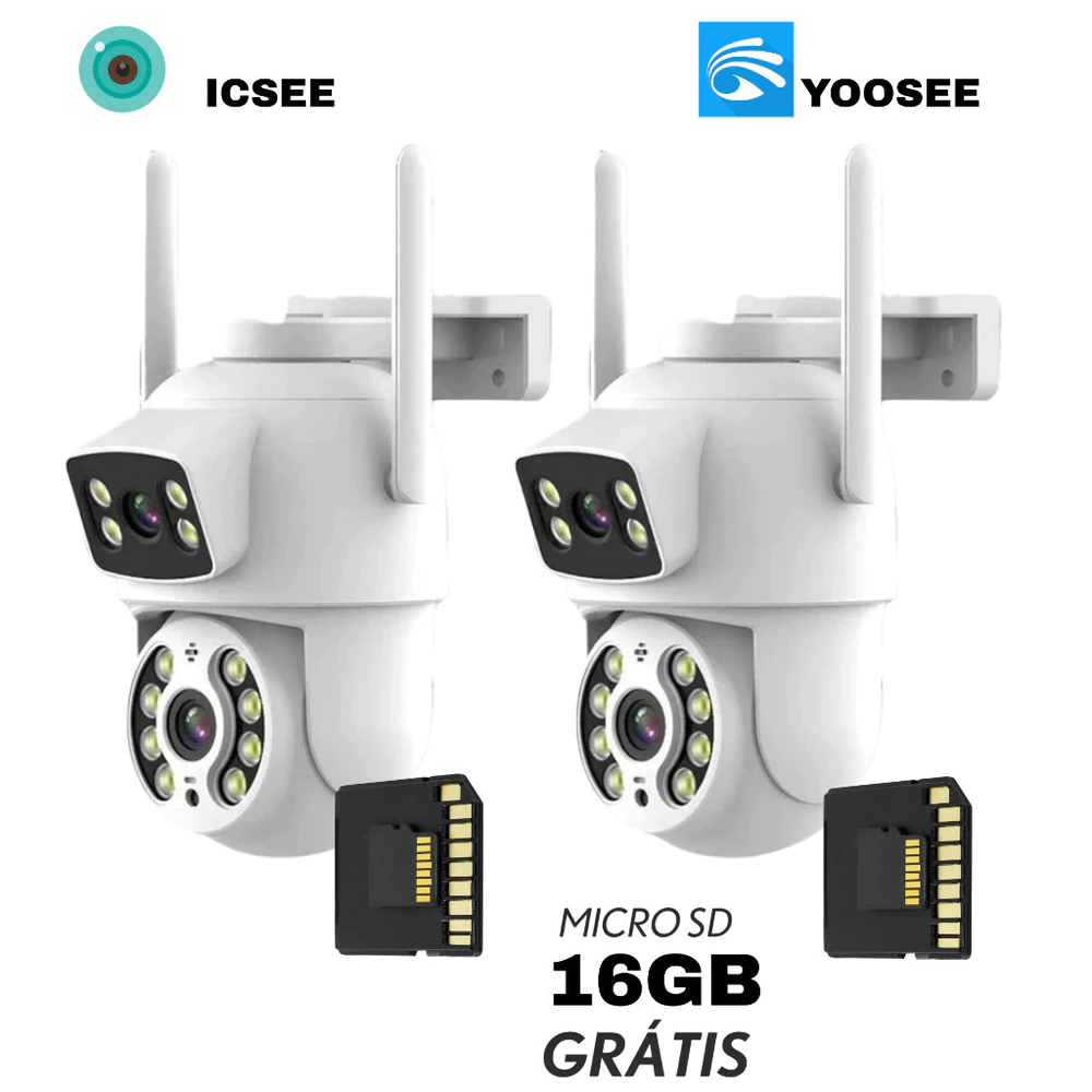 KIT Câmera De Segurança Lente Dupla IP66 Wi-Fi 360° Sensor Movimento Visão Noturna+MICROSD 16GB