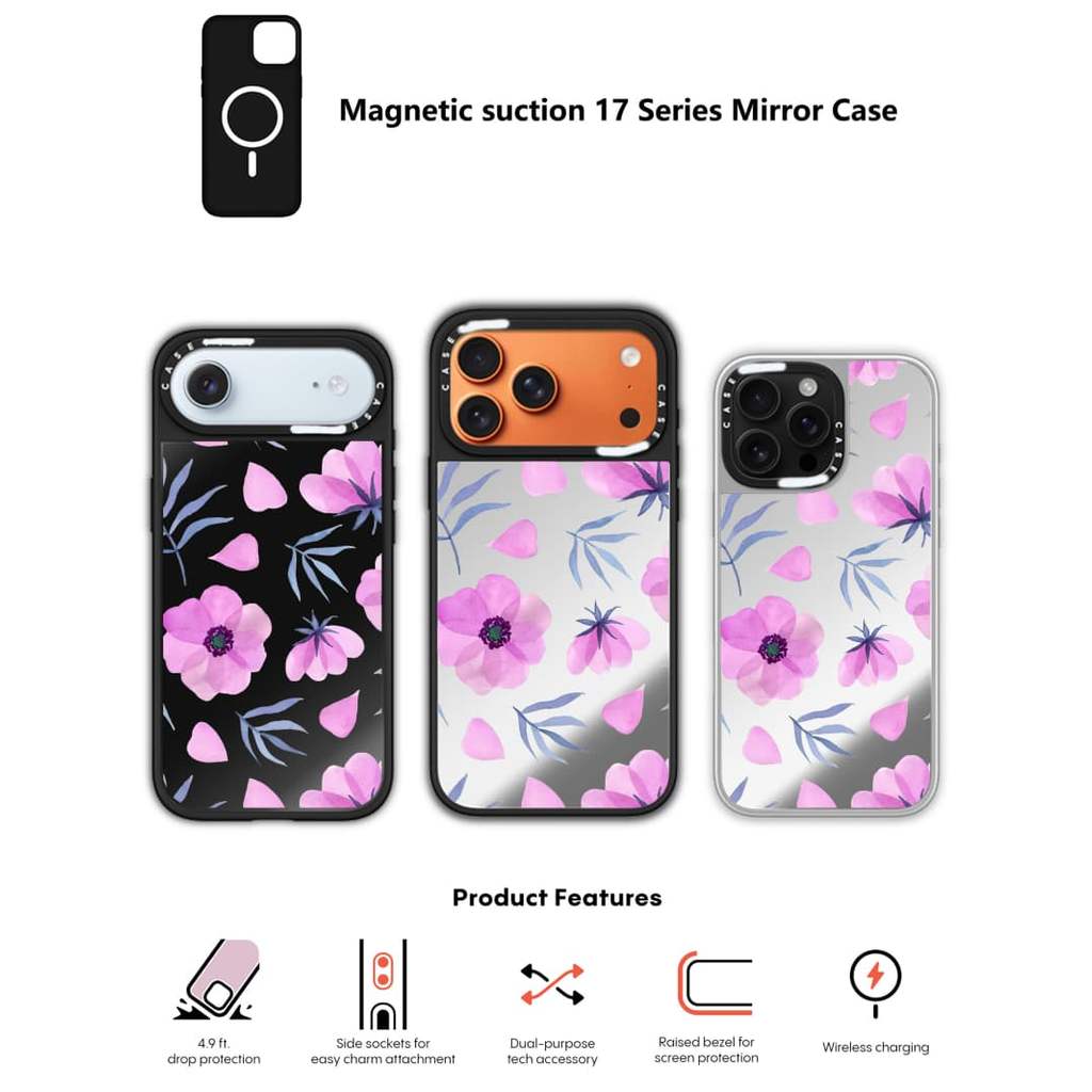 CASECASE X Capa De Pétalas Rosa Preta E Espelhada Prateada Com Sucção Magnética Para IPhone 17 Air 16 15 14 13 12 Pro Ma