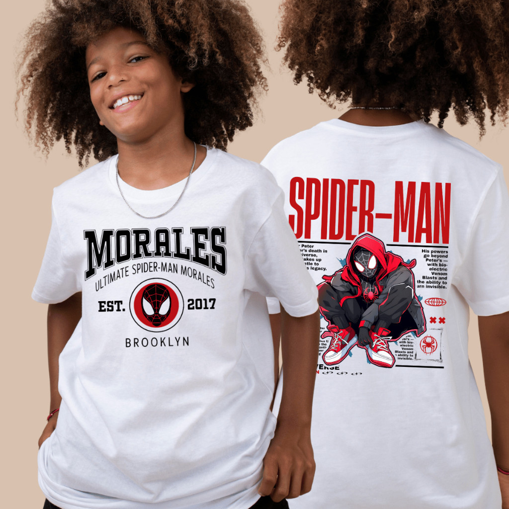 Camisa 30.1 Homem Aranha Miles Moda Infantil Morales Camiseta Criança Malha Algodão