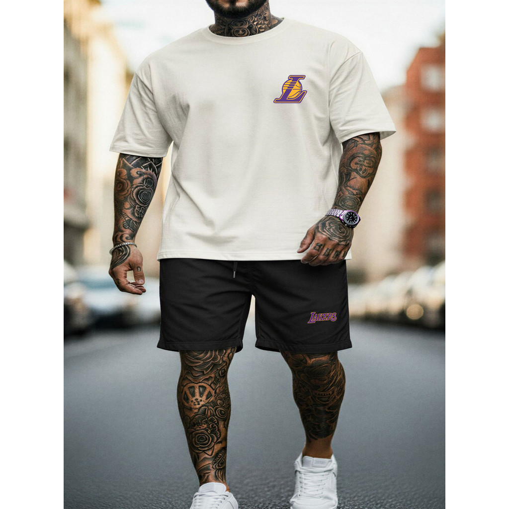 Conjunto Masculino Streetwear Camiseta Larga e Short Respirável LAKERS Basquetebol Treino Academia Basquete NBA Rolê