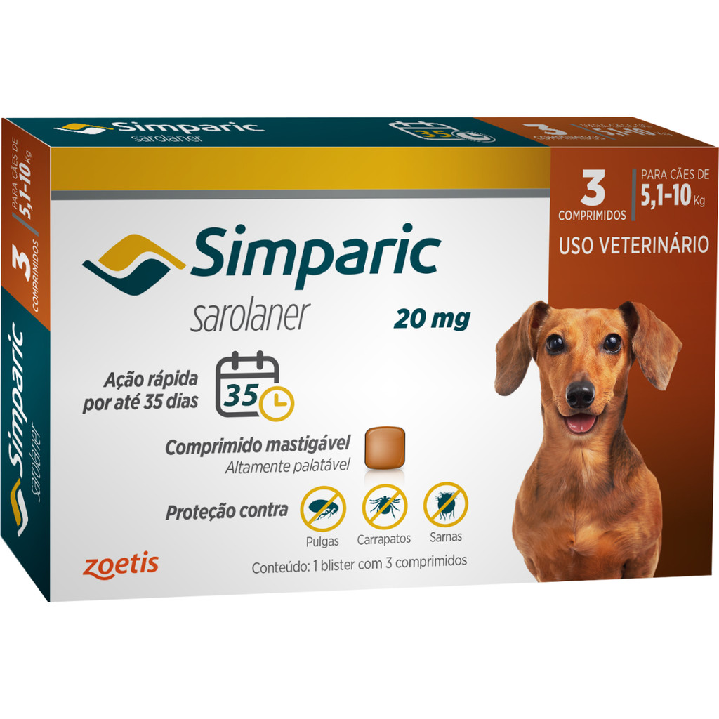 Simparic 20mg para de Cães 5,1 a 10kg - 3 Comp. - Zoetis