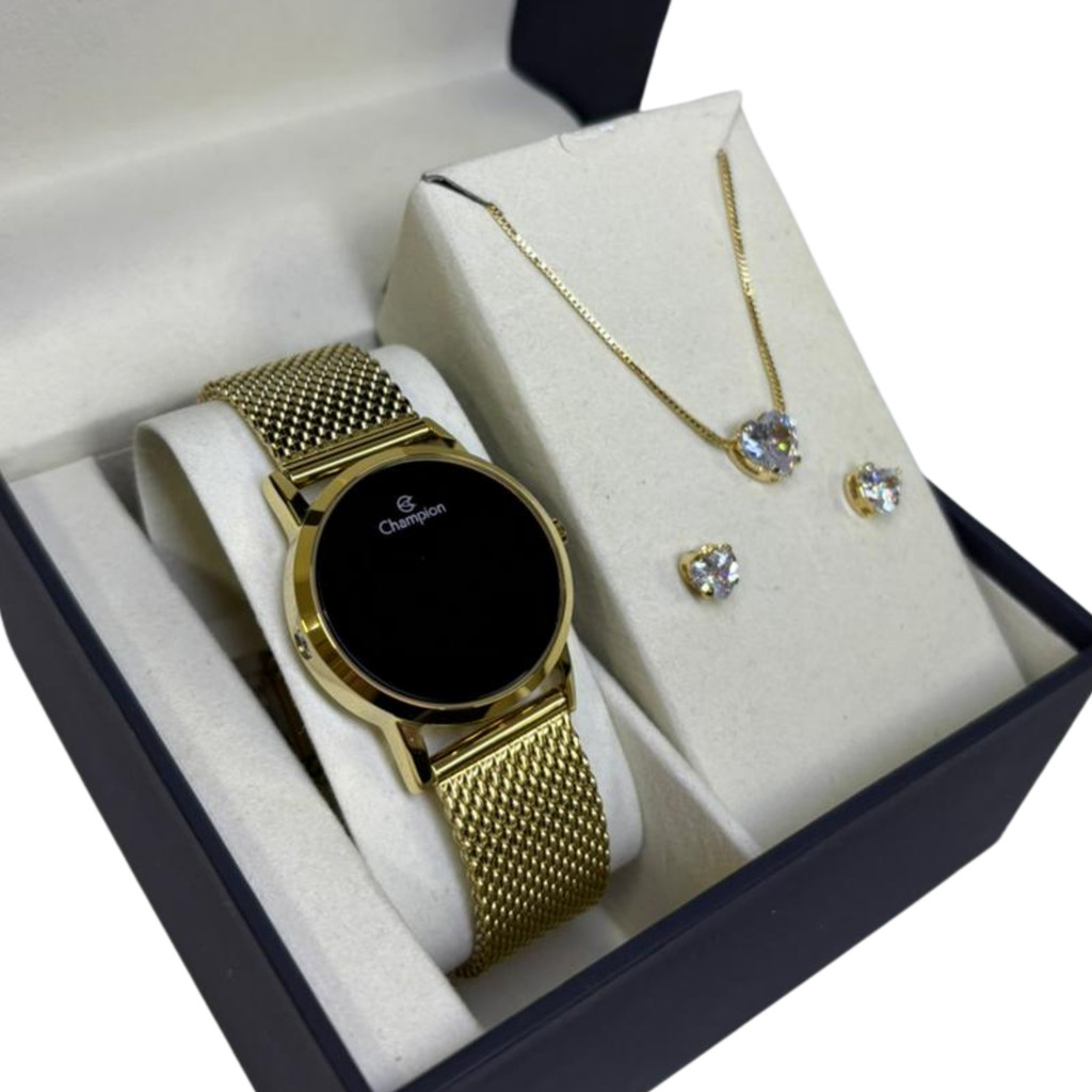 Kit Relógio Feminino Champion Mesh Led Digital Dourado Prateado + Colar e Brincos em Oferta na Shopee