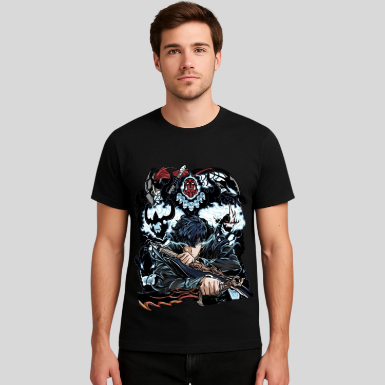 [Camiseta Premium em Algodão Puro]CC Camiseta Solo Leveling Anime Unissex Preta 100% Algodão Lançamento
