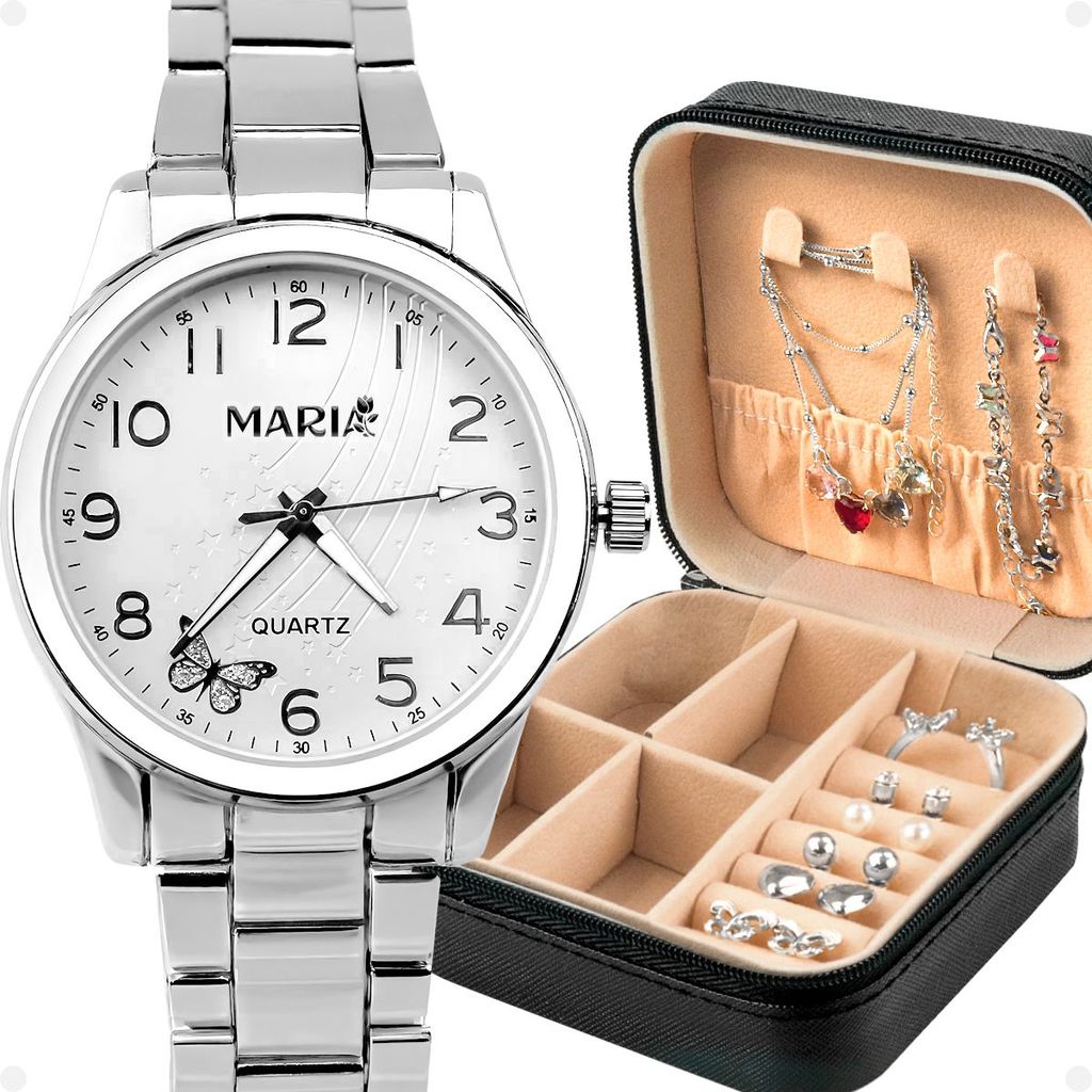 Relogio Prata Aco Feminino + Porta Joia + Pulseira Colar inoxidavel casual social presente original