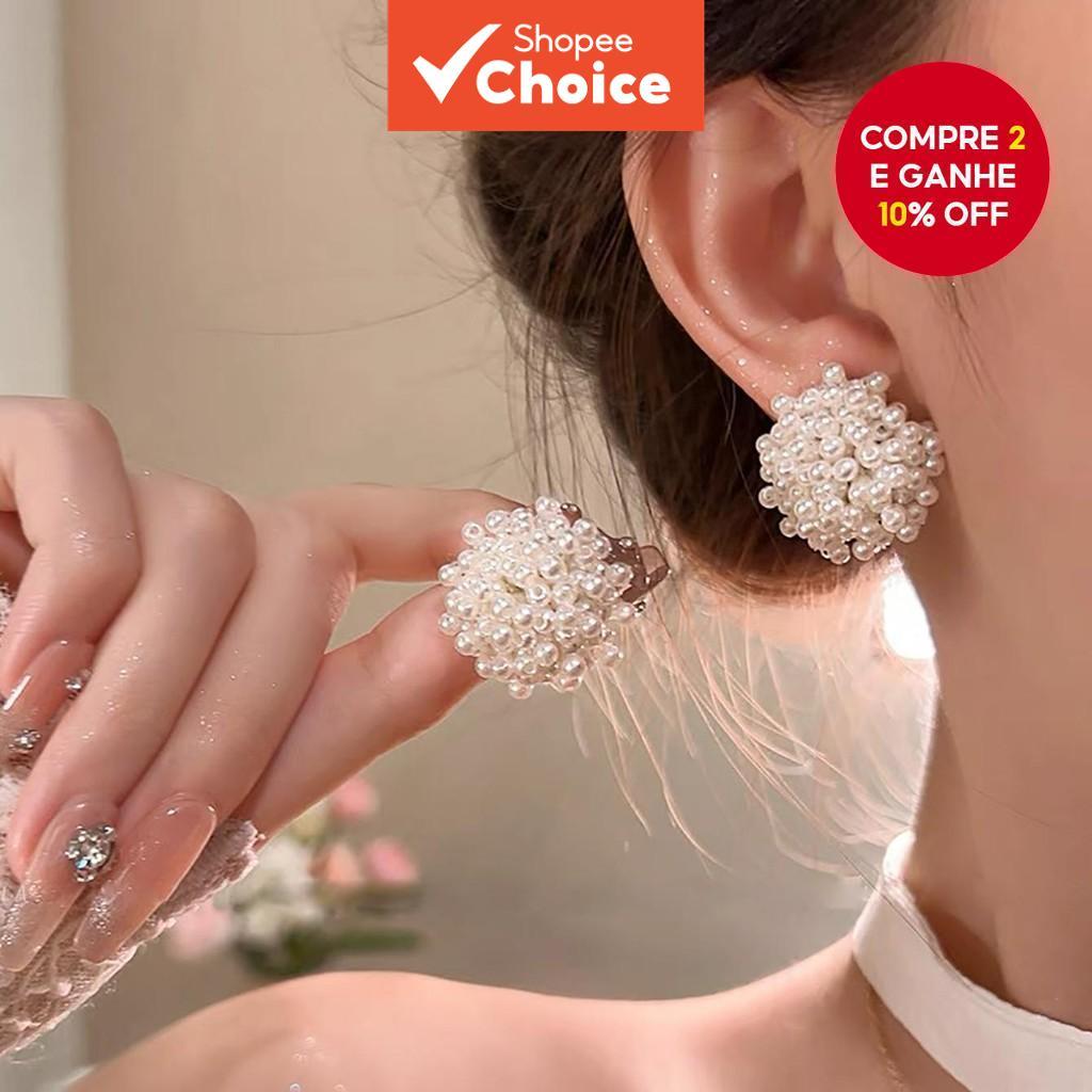 Novos brincos de pérola falsa em forma de esfera, com design elegante e minimalista, que transmitem uma sensação de luxo em Oferta na Shopee