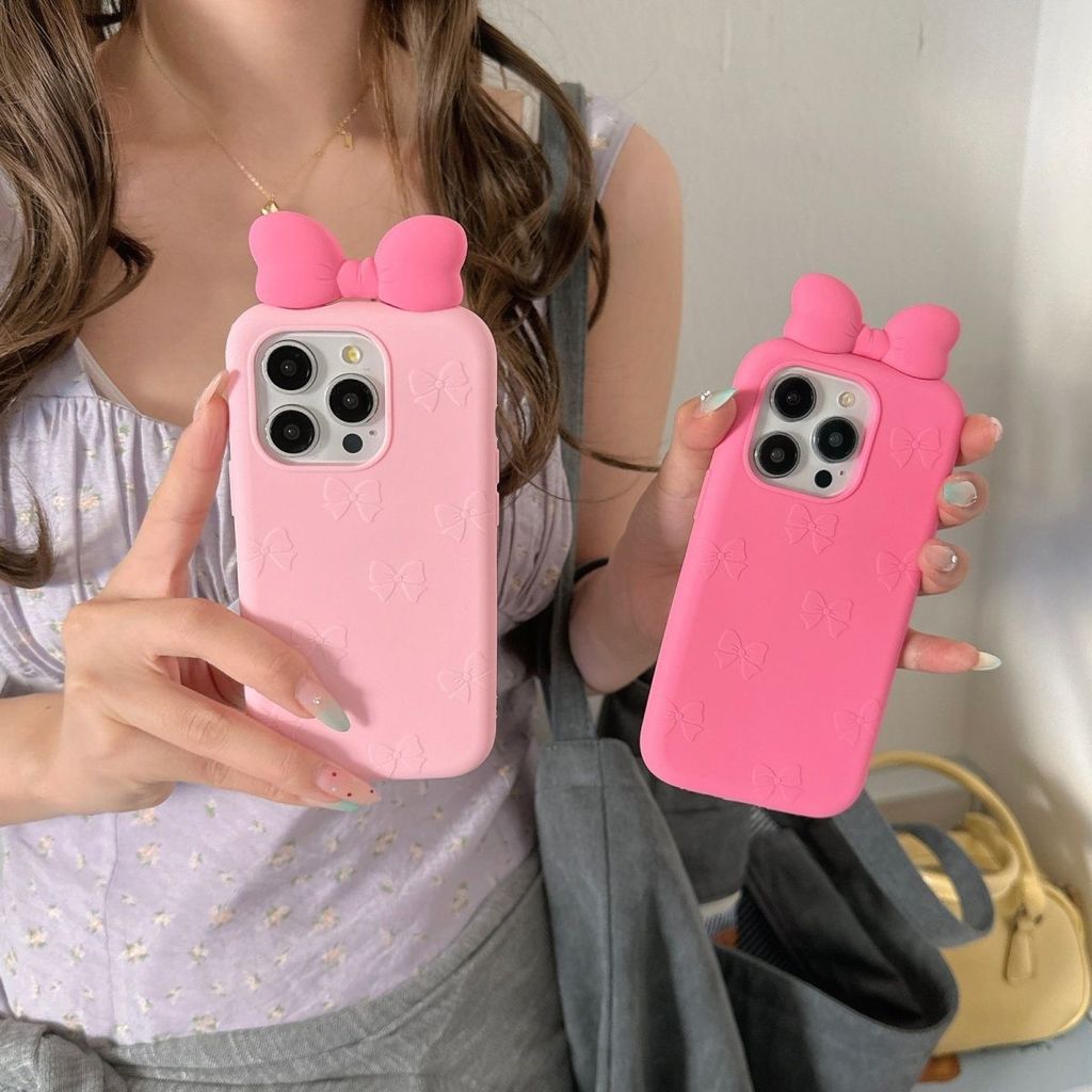 Para iphone 13 14 15 16 17 Pro max plus 3D Dos Desenhos Animados Rosa Arco Capa De Silicone Macio
