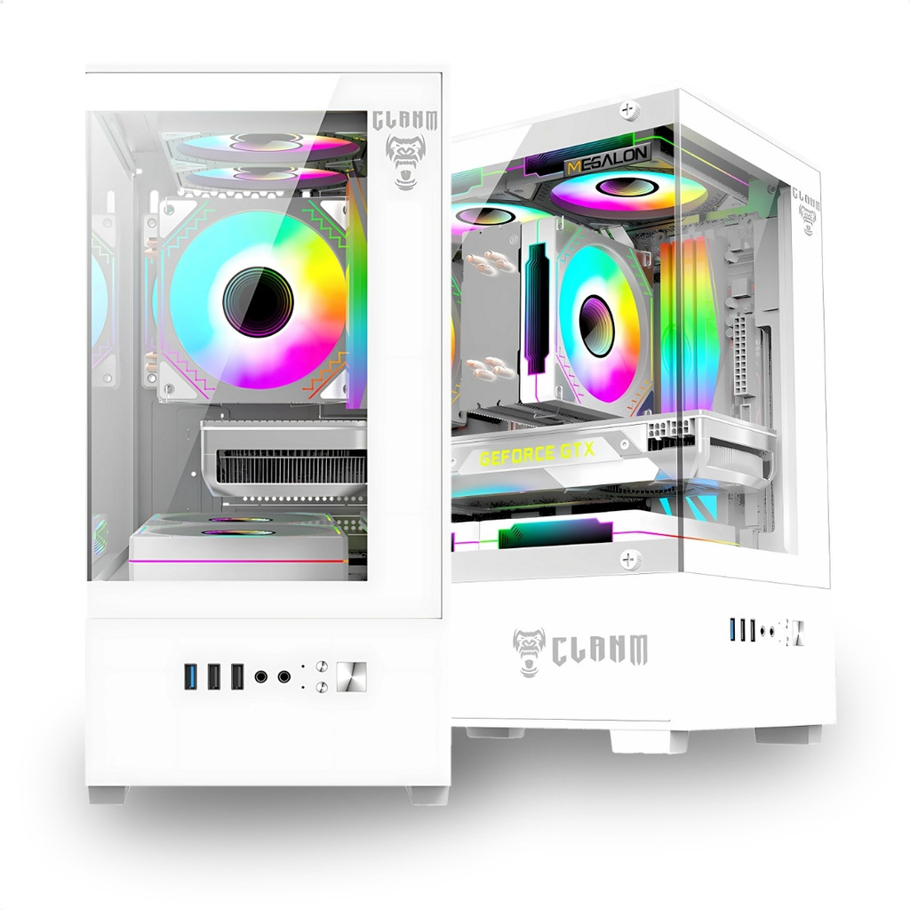 Gabinete Gamer Aquário Com 3 Fans RGB Clanm Megalon Snow Micro-ATX/ITX Vidro Temperado Branco