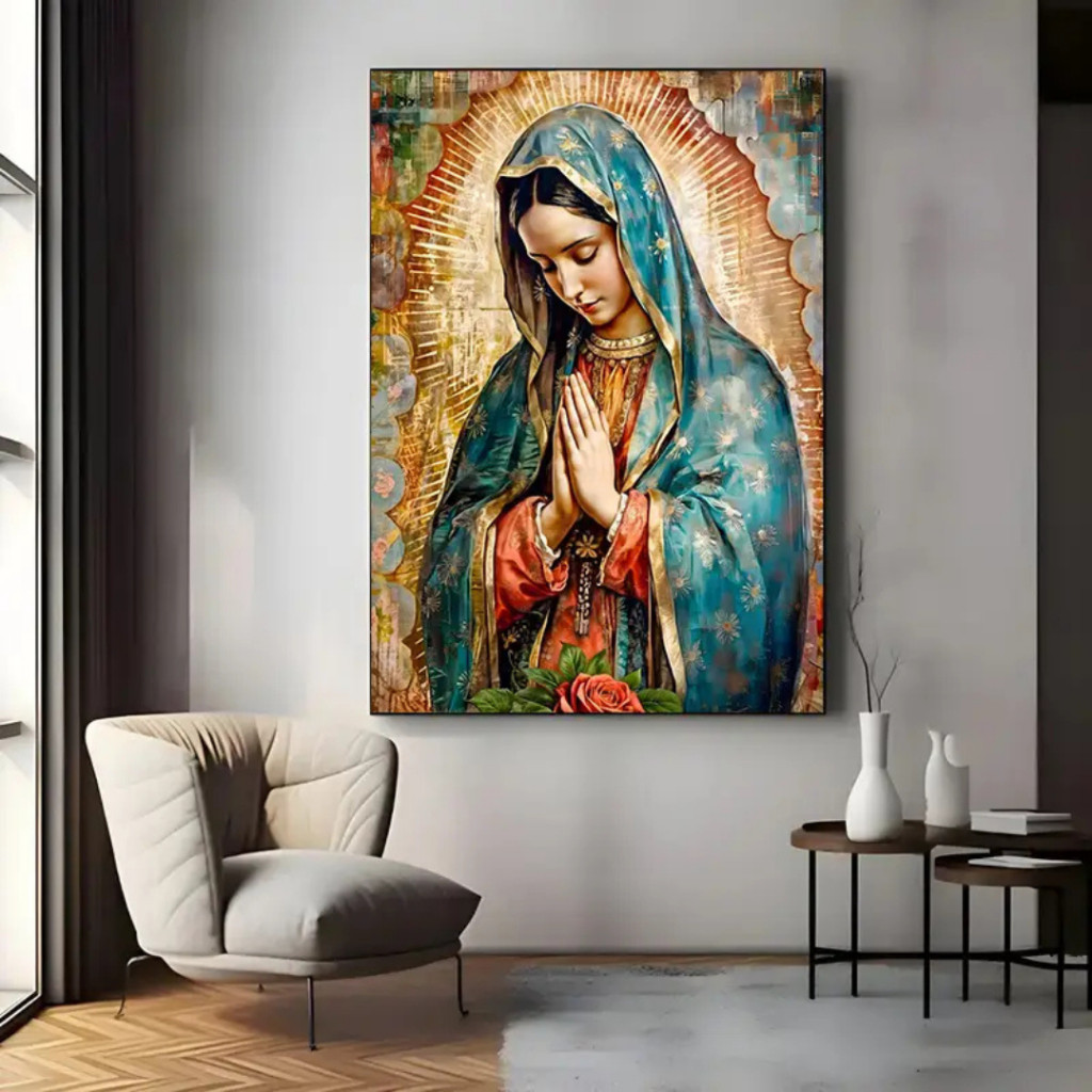 Quadro Parede Decorativo 1 Peça 80x110cm Virgem Maria Guadalupe Decoração Hall Luxo Sala Quarto MDF