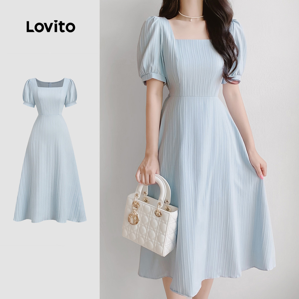 Lovito Vestido Casual de Primavera/verão Azul  com Drapeado para mulheres L143AD646 em Oferta na Shopee