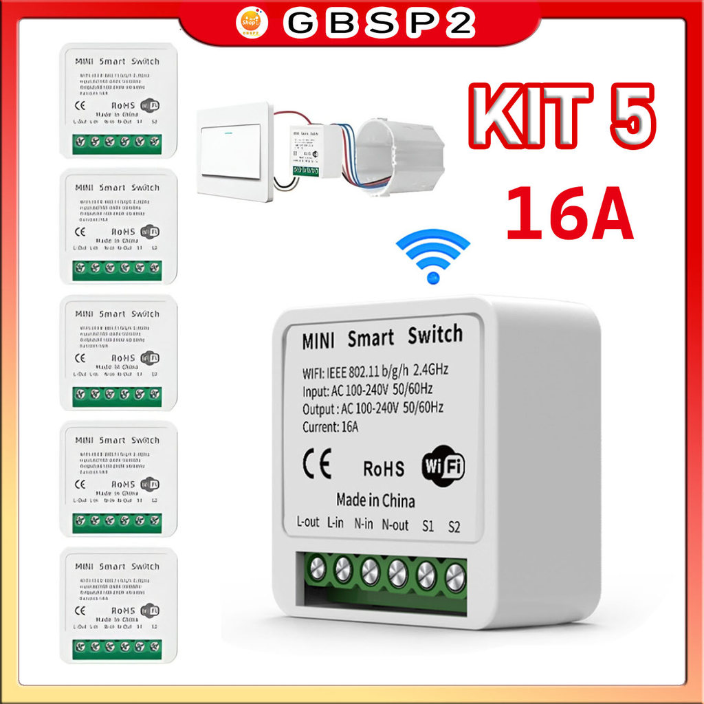 Kit 5 Mini Interruptor Inteligente Wifi  App 16A 110-220v Suporte Controle Por Voz Alexa Google Home