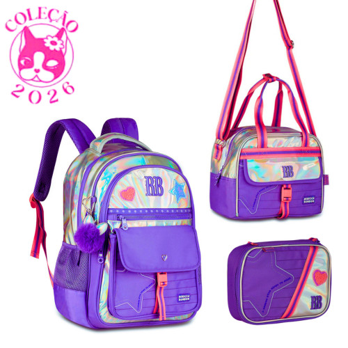 Kit Mochila de Costas ,Lancheira e Estojo Rebecca Bonbon Shine Cor:Roxo