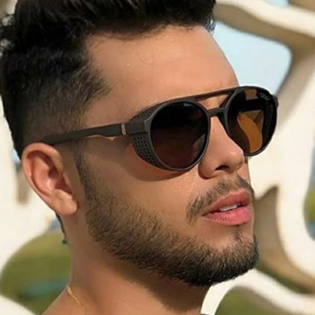 oculos masculino de sol redondo UV400 com protecao lateral ciclismo a prova de vento confortavel em Oferta na Shopee