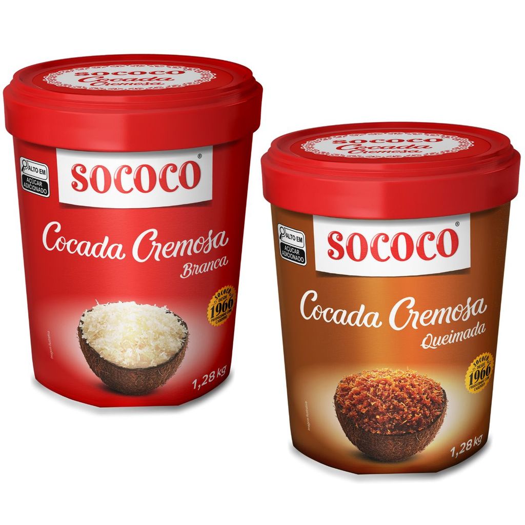 Pack 2un Cocada Doce Cremosa de Coco Branco e Coco Queimado Sococo 1,28 kg Pote Grande