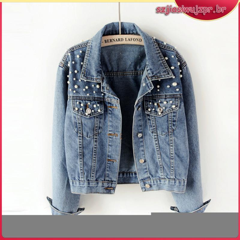 Jaqueta jeans feminina de contas curtas, nova jaqueta pérola solta primavera e outono, 2024