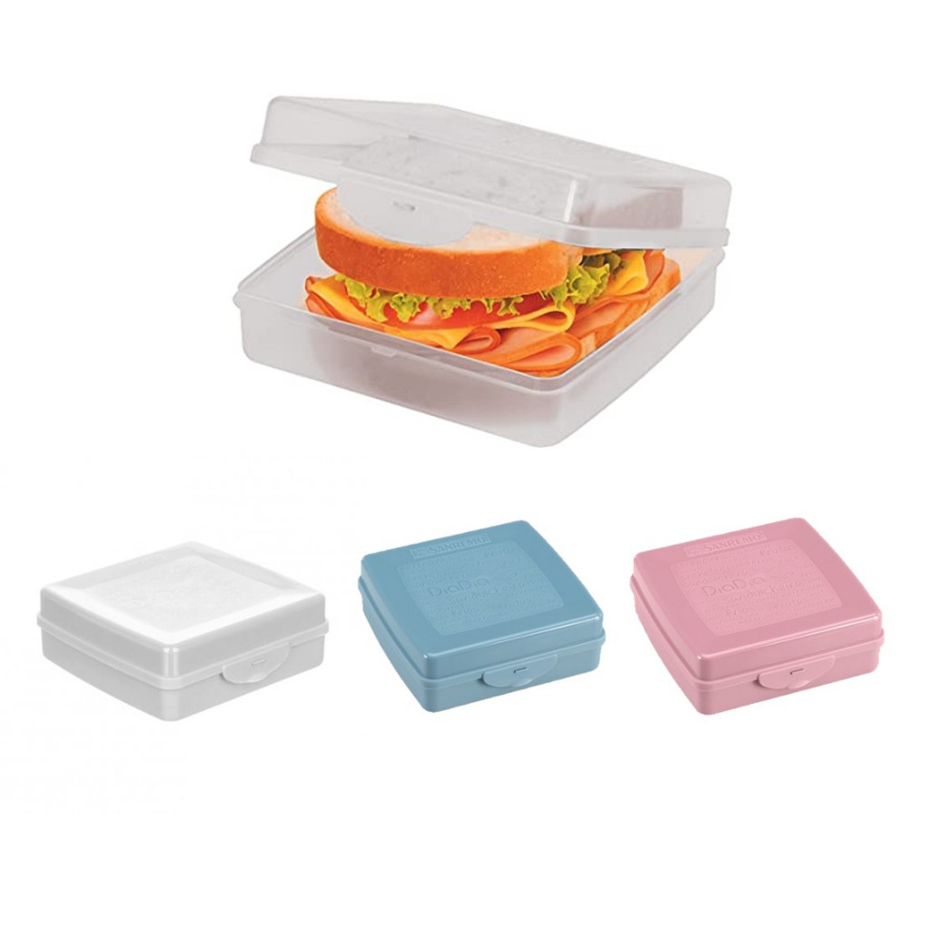 Sanduicheira Plástico Sanremo  Rosa Azul Transparente Porta Sanduiche Pão Lanche Merenda Pote Box