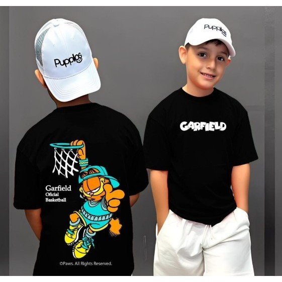 Camiseta Infantil Juvenil Algodão Para Criança Streetwear Gato Garfield Estiloso Basquete