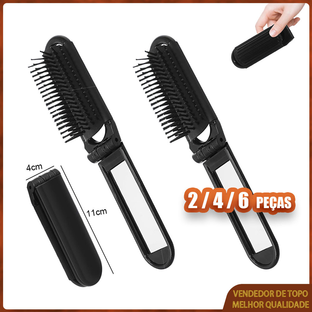 2/4/6 Preto Escovas de cabelo quadradas dobráveis com espelho pente de massagem de bolso mini escova de cabelo de viagem em Oferta na Shopee