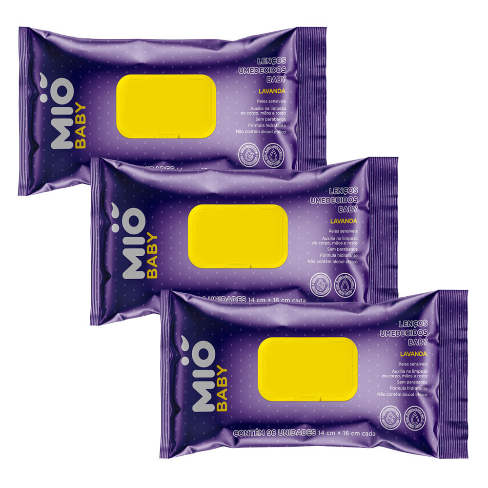 Kit 3 Lenço Umedecido Mió Baby Lavanda com 96 Unidades em Oferta na Shopee