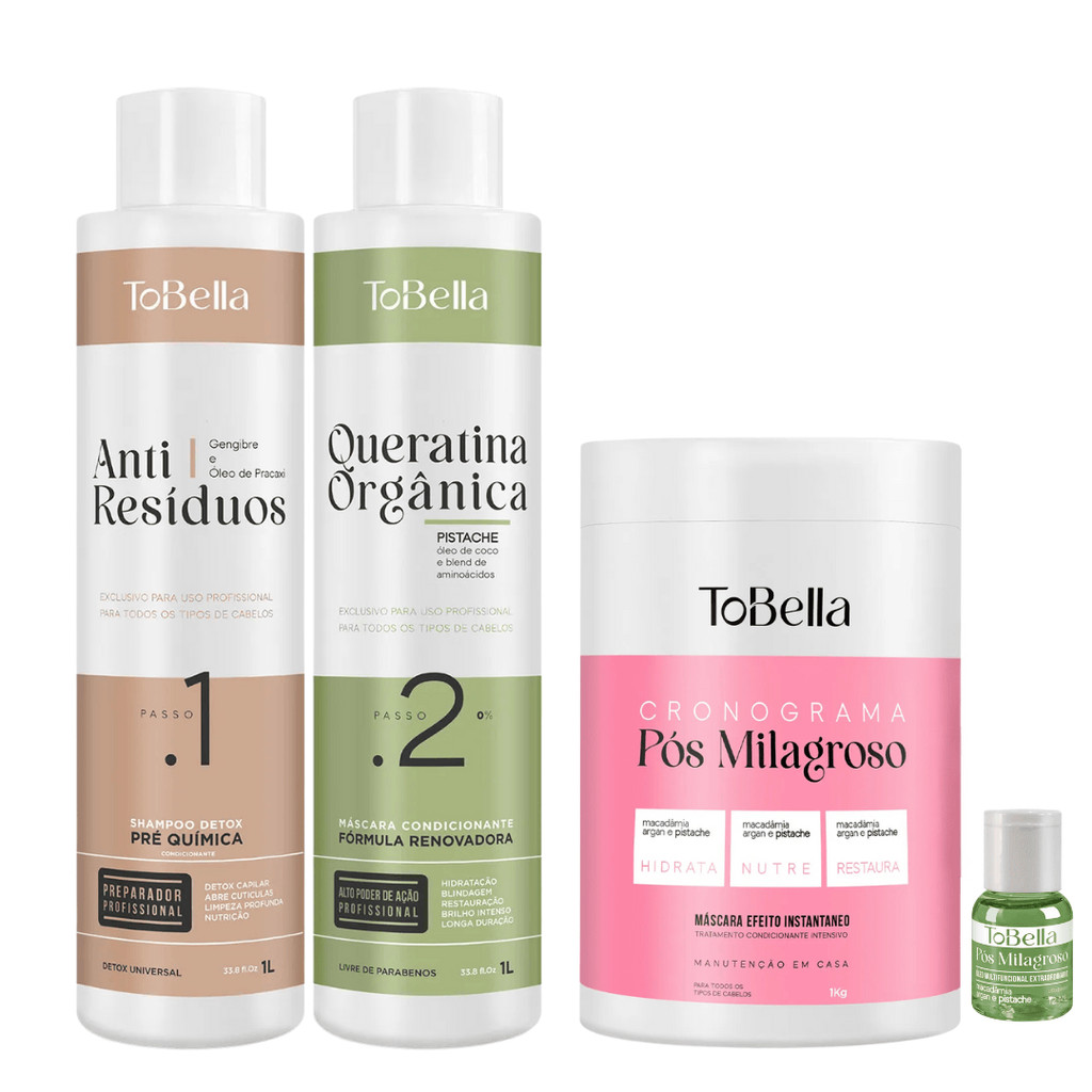 Kit Profissional ToBella | Escova Progressiva Queratina Organica + Mascara Pós Milagroso 2x1l + 1kg