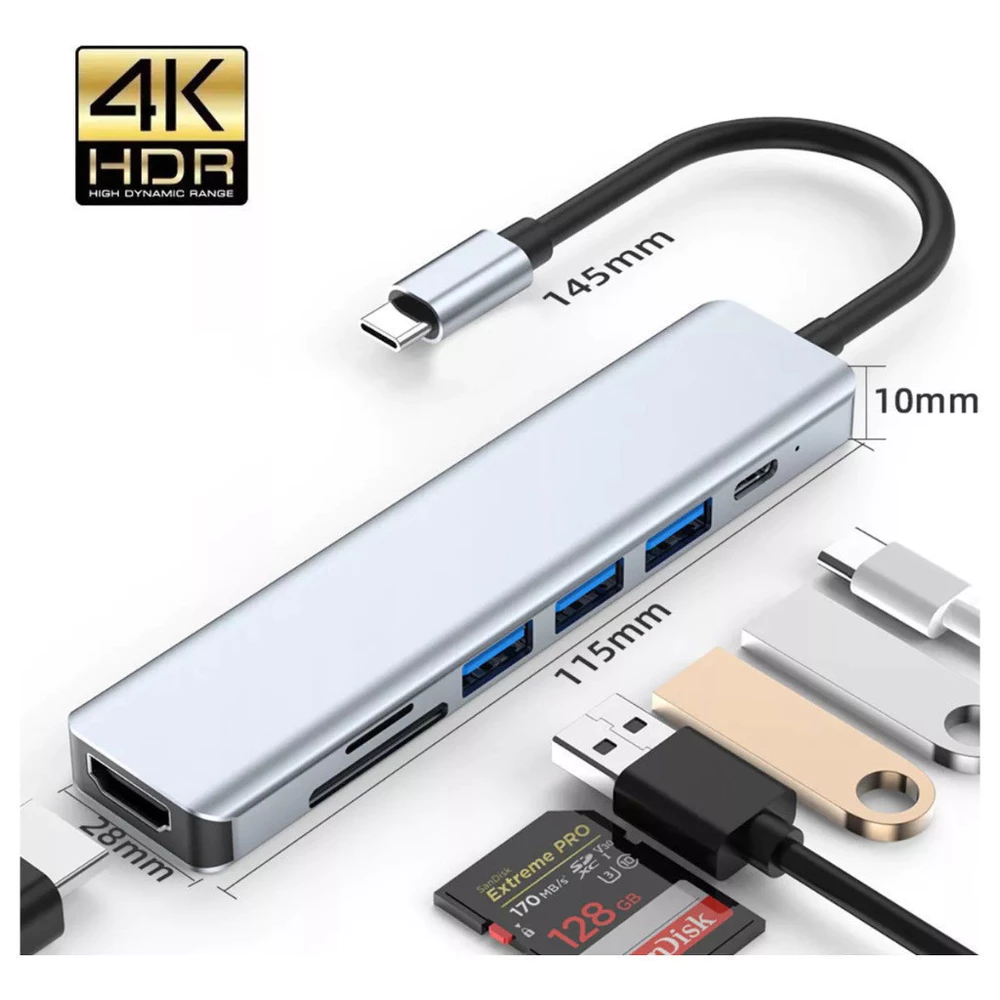 Hub USB-C 8 em 1 HDMI 4K RJ45 USB 3.0 SD TF PD 100W Adaptador Notebook MacBook Celular