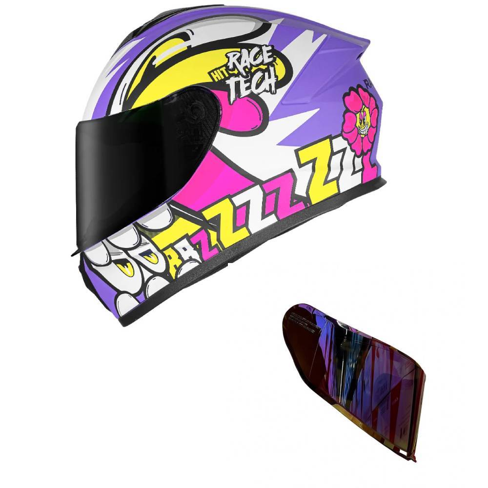 Capacete Race Tech Hit Speedbee Branco e Roxo Mais Viseira Camaleão Vermelha