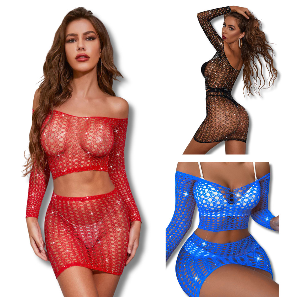 Conjunto Lingerie top Cropped Manga Longa Saia Strass Arrastão Sensual Elegante Confortável