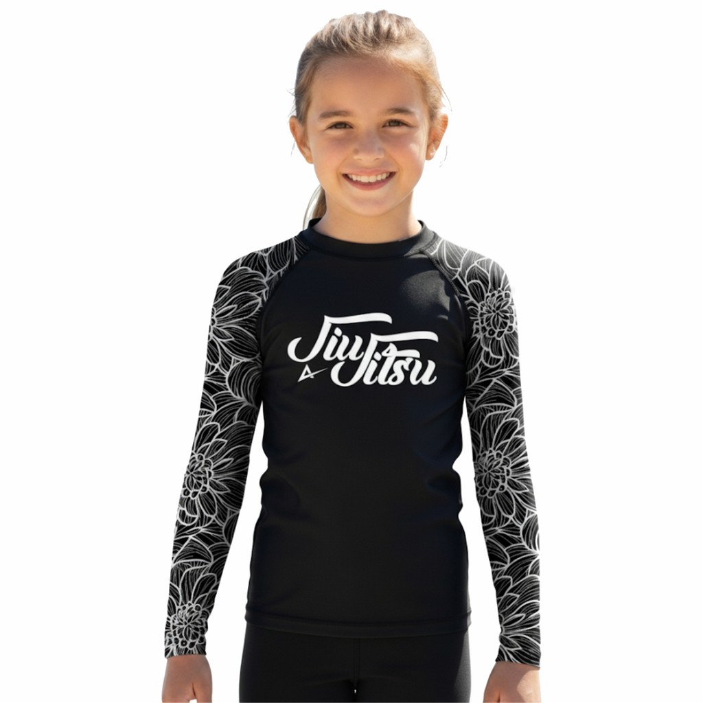 Camisa Rash Guard Infantil Feminina Flowers All Black Manga Longa