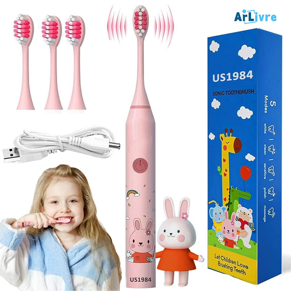 Escova dental elétrica sônica bebê 1 a 3 anos impermeável cerdas macias que não machucam 4 cabeças