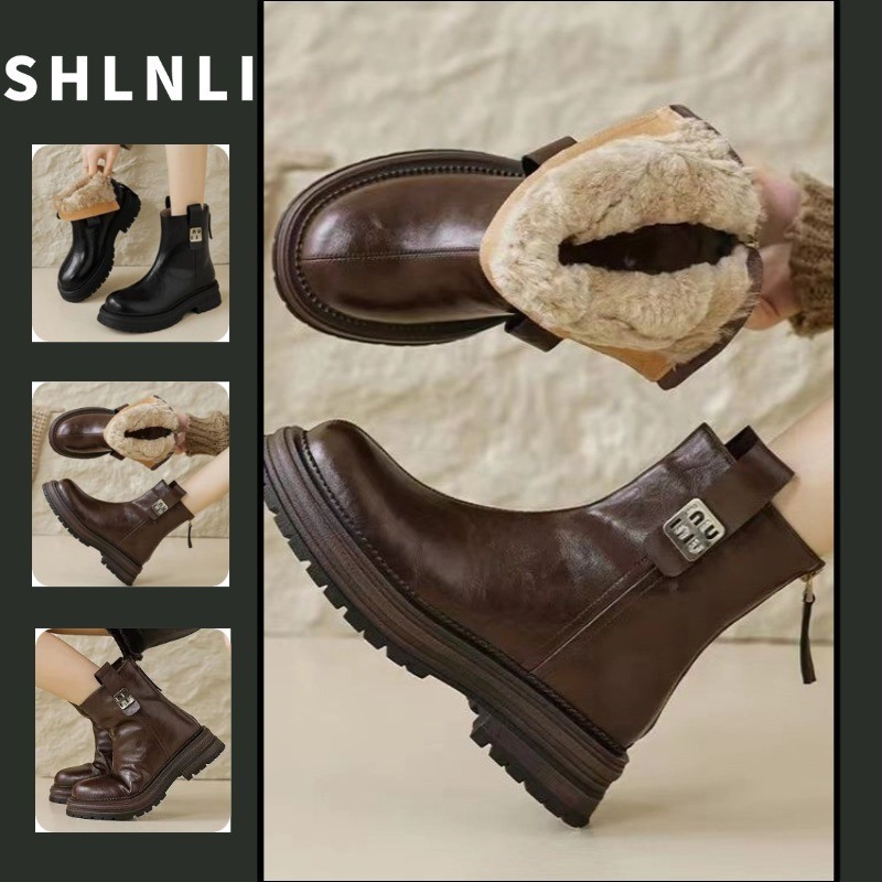 Botas De Neve Quentes E Grossas Antiderrapantes Femininas Para Outono Inverno Estilo Britânico Cor Sólida Fundo Plano De