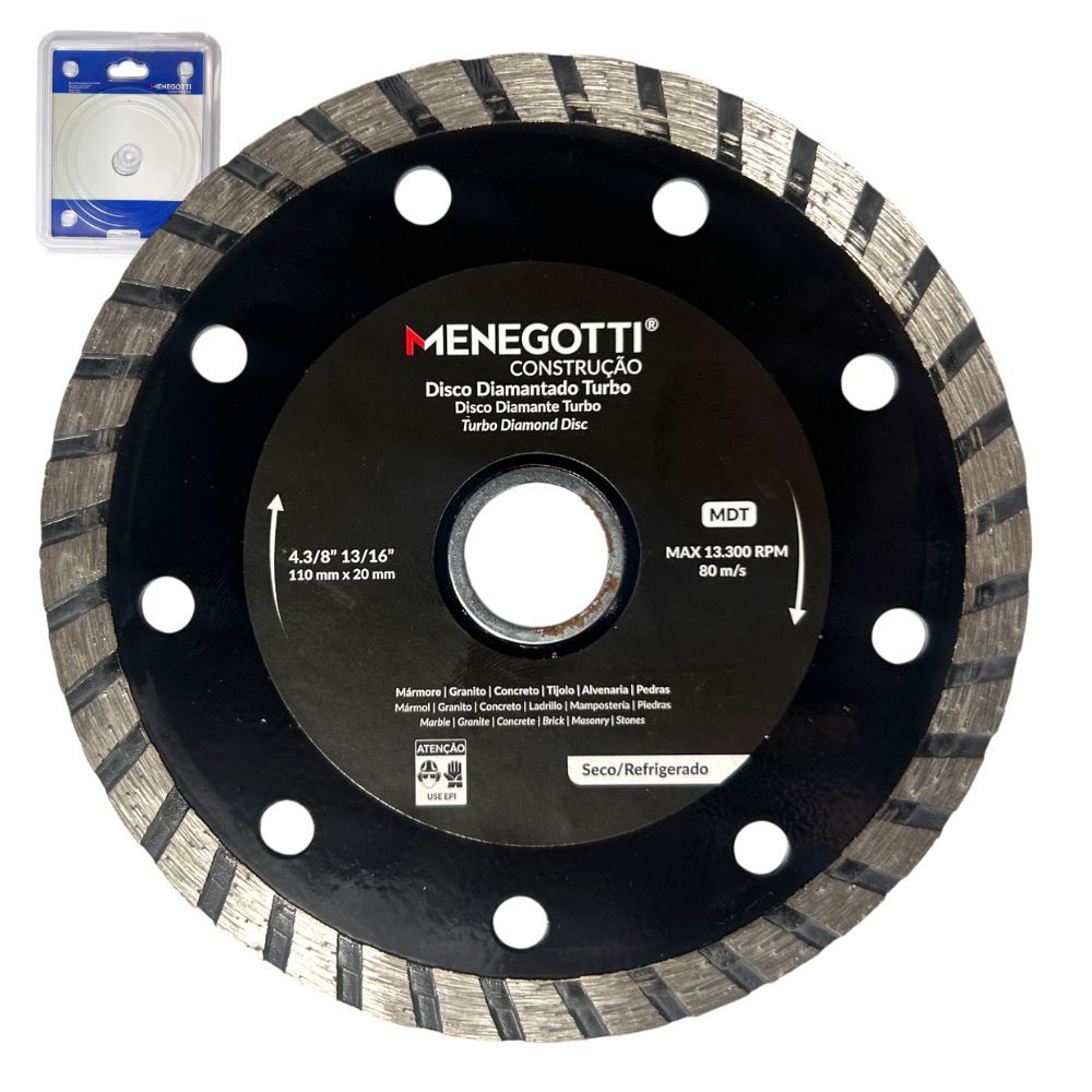 Disco Diamantado Turbo Para Serra Mármore MDT 4 3/8" 110mm com Bucha Redutora 20x16mm Menegotti