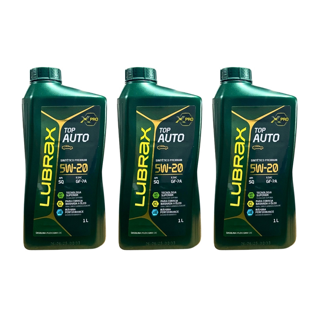 Kit 3 Litros Oleo Lubrax Premium 5W20 Sintético API SQ SN SL