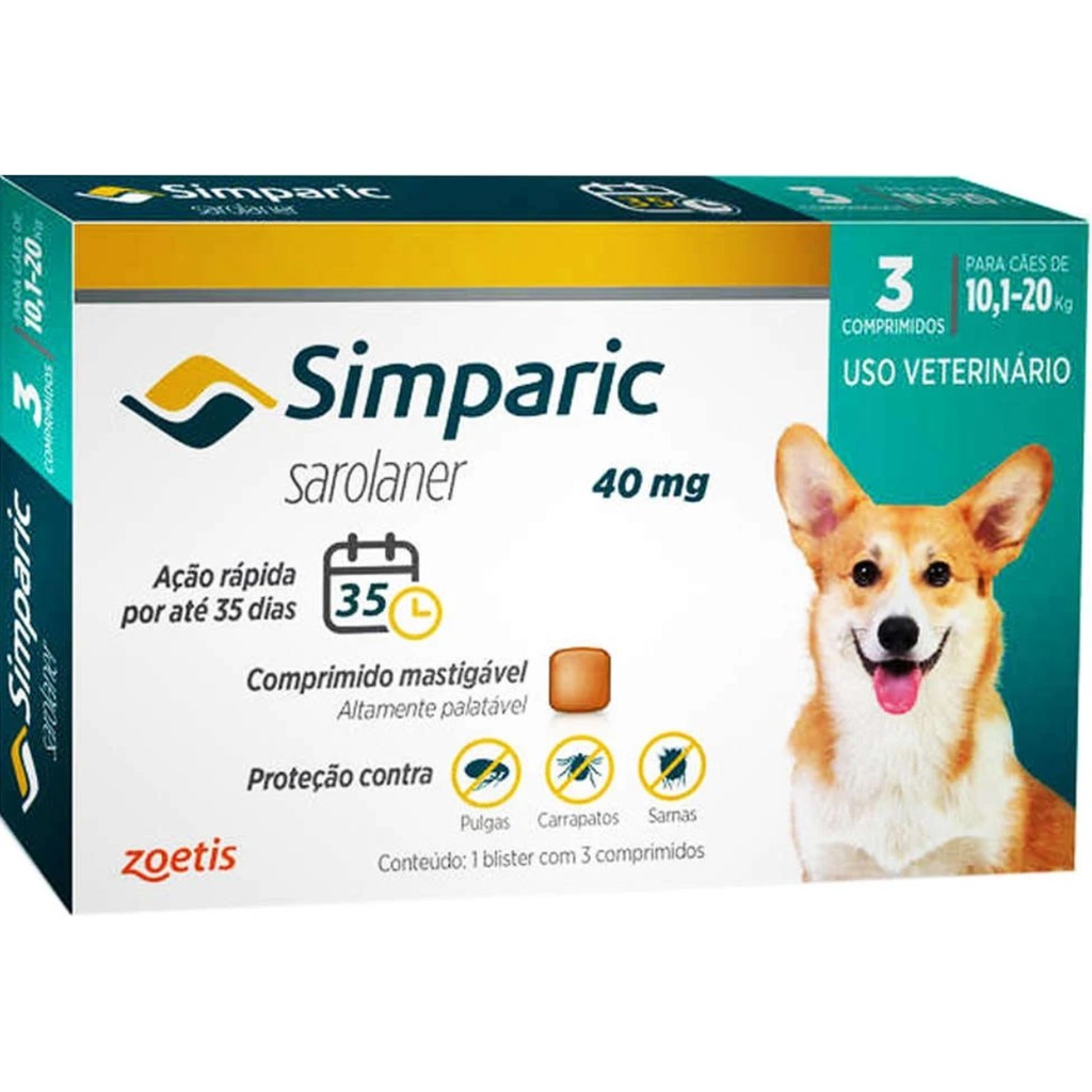 Simparic 40mg para de Cães 10,1 a 20kg - 3 Comp. - Zoetis