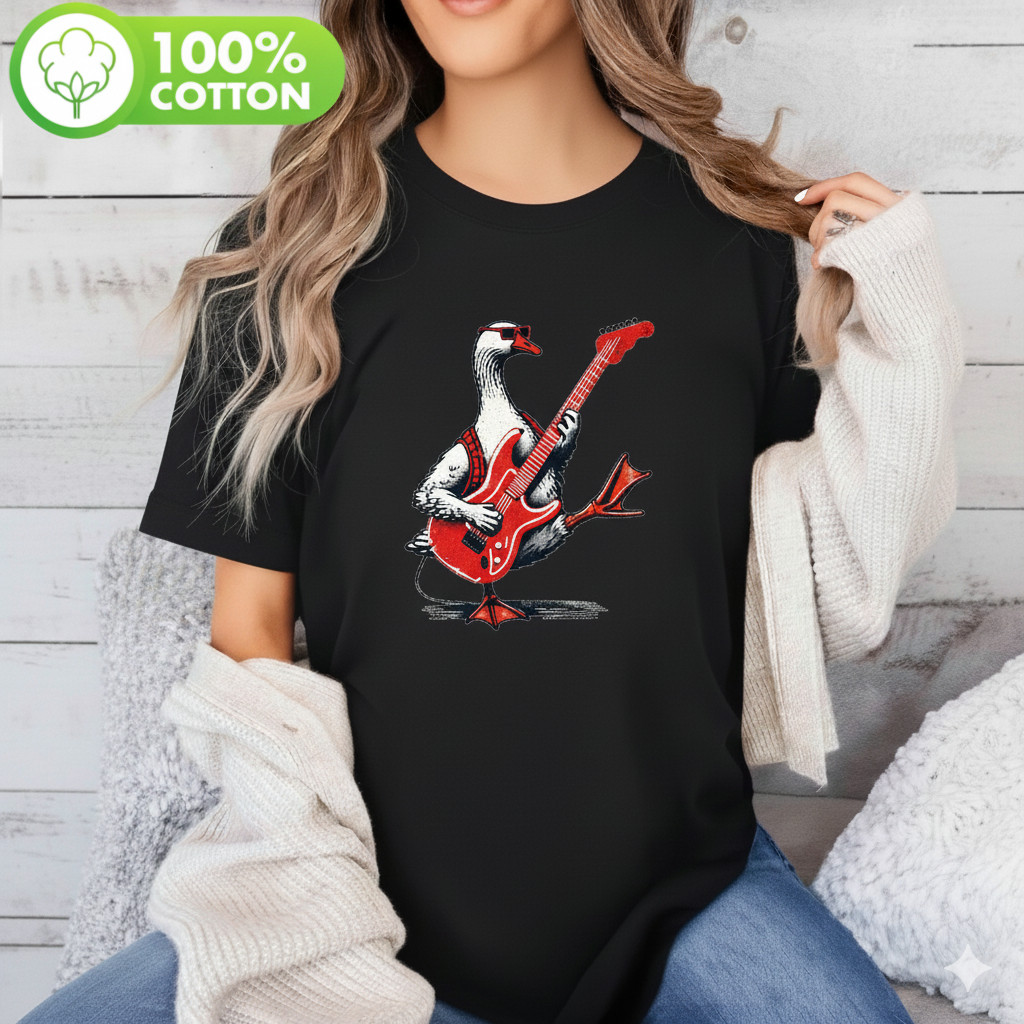 Camiseta Ganso Rock Star Vintage Engraçada Animal Musica Estampada Confortavel Divertida Estilosa Retrô