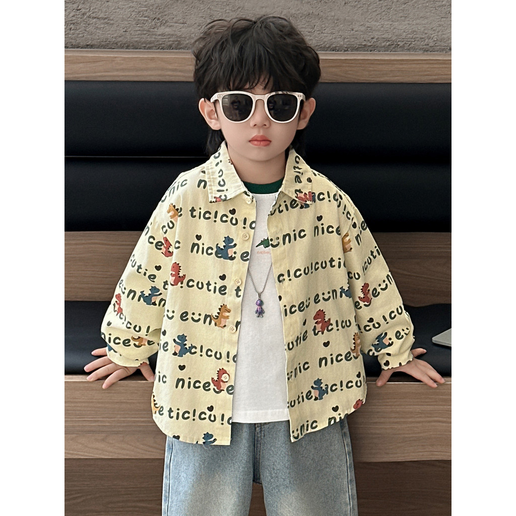 Meninos primavera outono camisas moda crianças jaqueta fina 2026 novo estilo roupas de dinossauro bebê Cardigan início d
